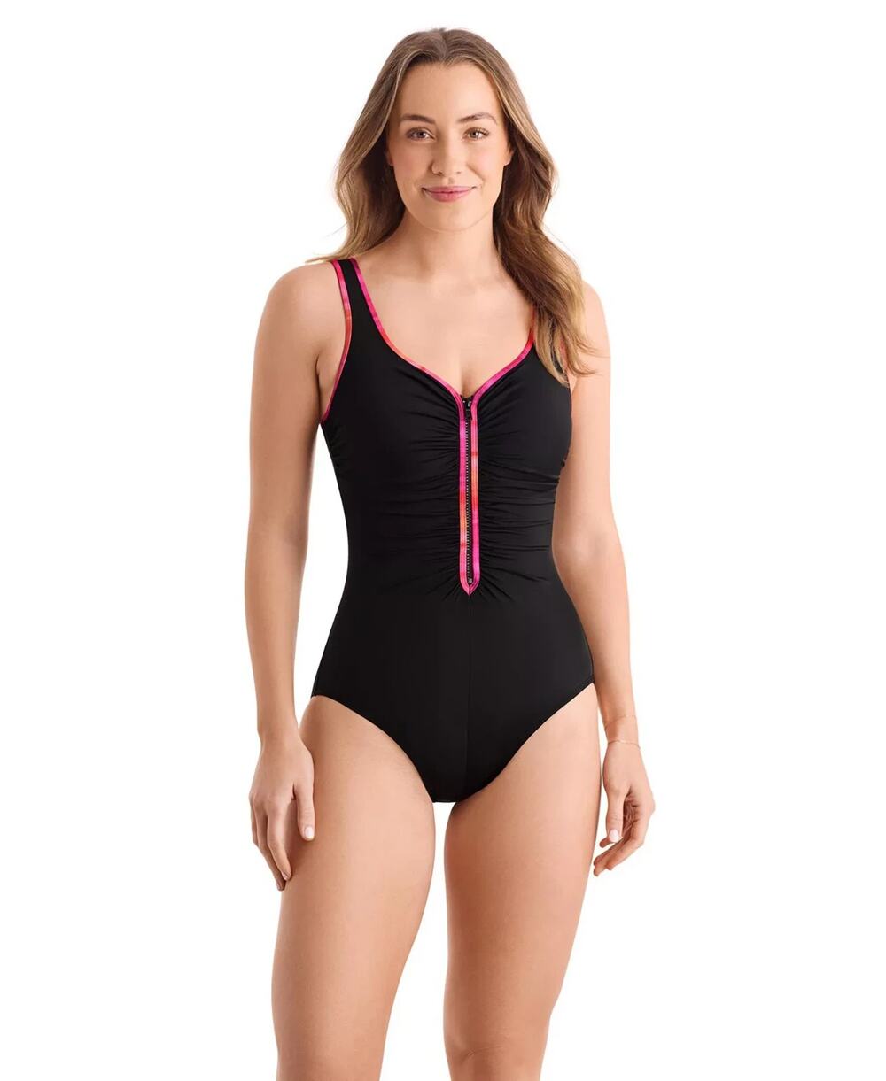 ShapeSolver Women's Sport Shirred Zipper One-Piece Swimsuit Black Size 10 3516